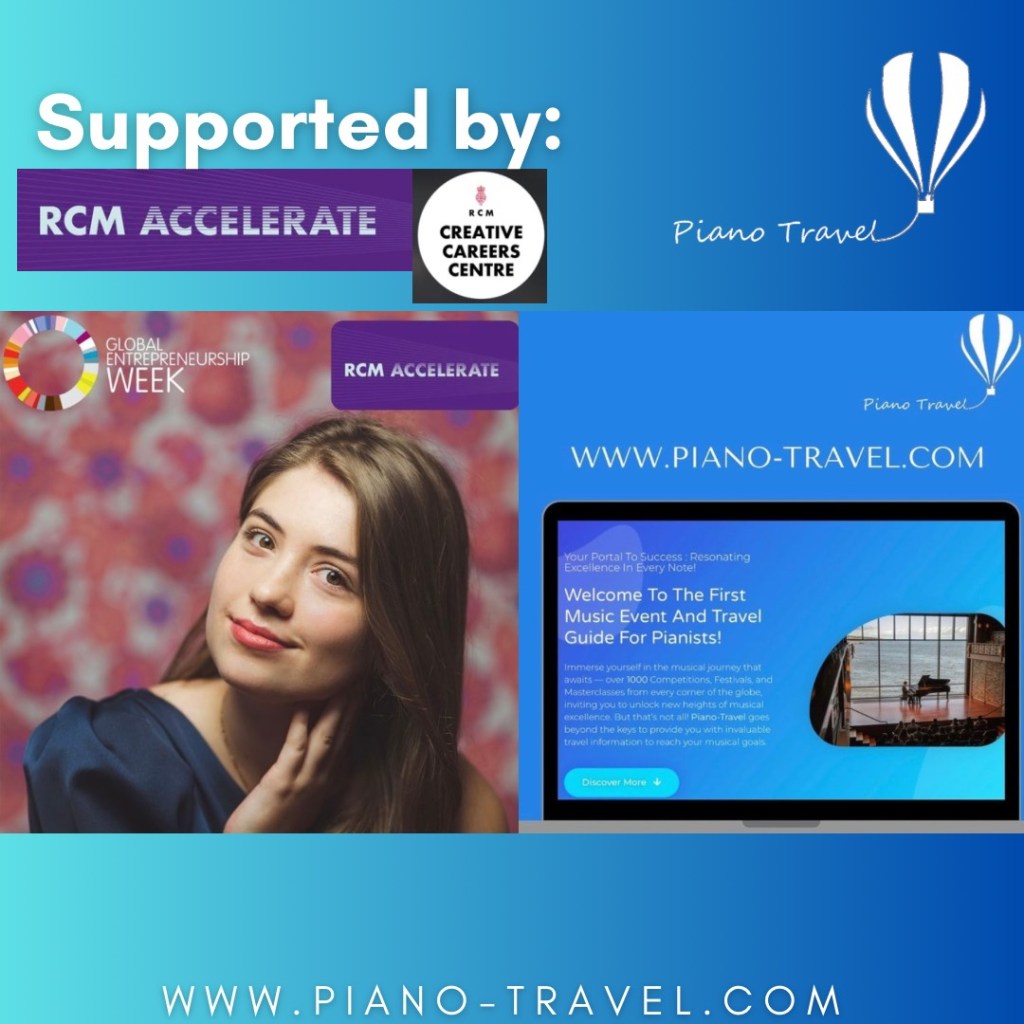 Picture of Cristiana Achim, the founder of Piano-Travel. Picture of the front page of Piano-Travel's website, supported by RCM Accelerate Scheme and Creative Careers Centre